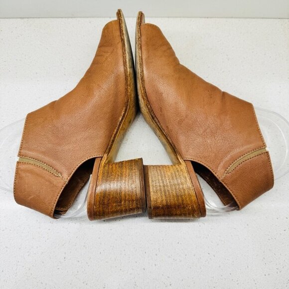 Mimosa Tan Camel Genuine Soft Leather Shoes Peep Toe Stacked Heel Sandals Sz 37 - Picture 12 of 15